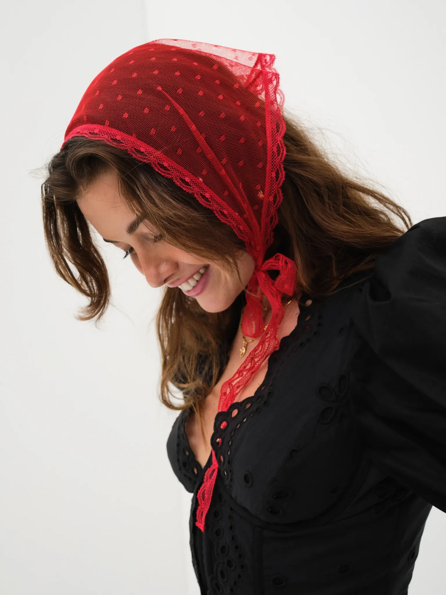 dotted_mesh_headscarf_1.webp Clearance For Love & Lemons Dotted Mesh Headscarf Red