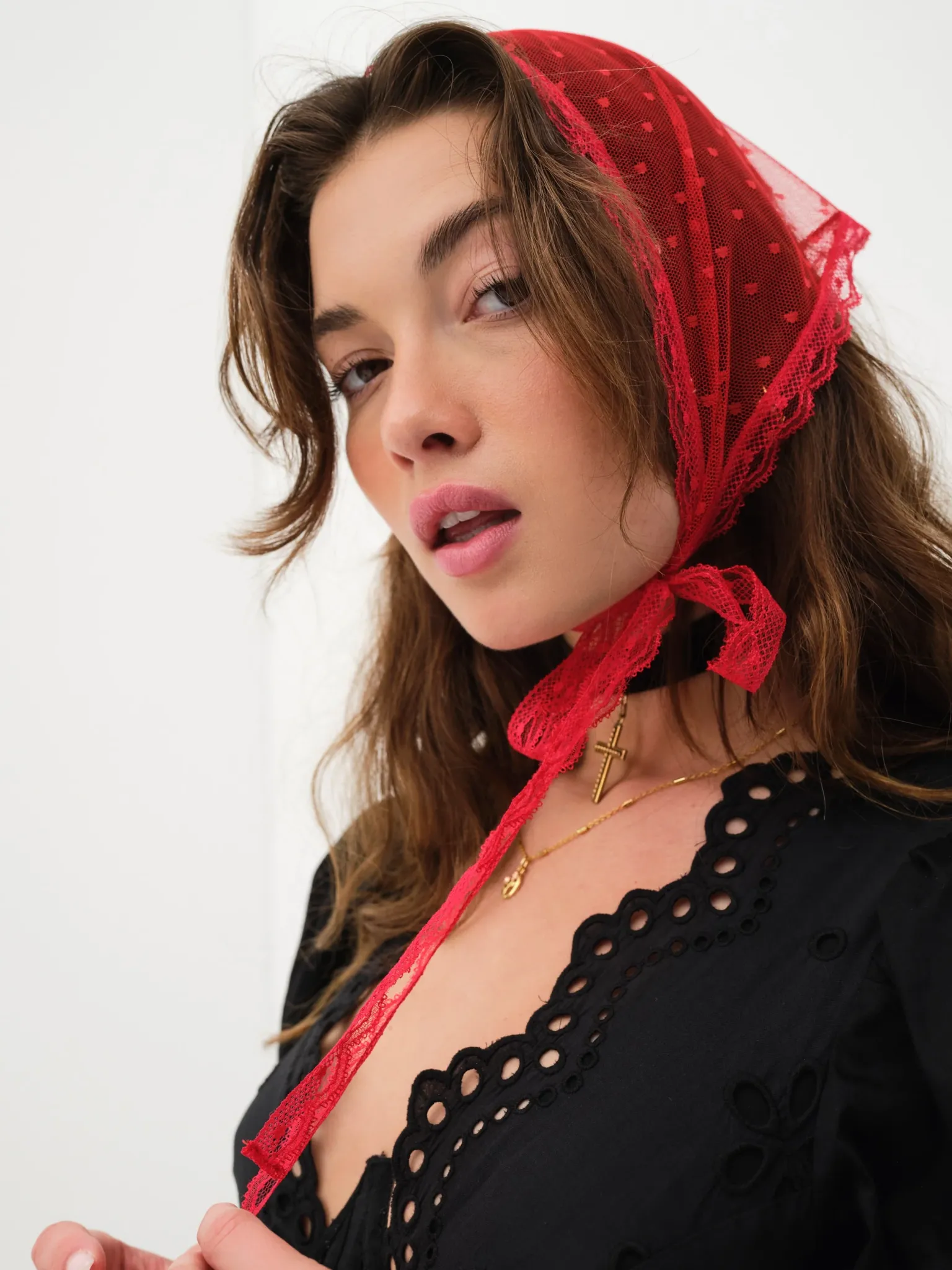 dotted_mesh_headscarf_3.webp Clearance For Love & Lemons Dotted Mesh Headscarf Red
