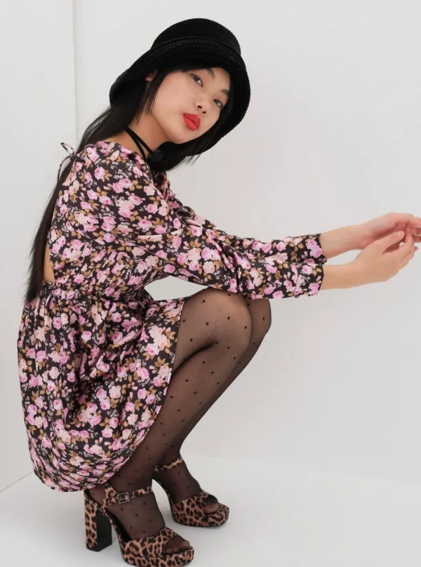 New For Love & Lemons Kate Long Sleeve Mini Dress Black