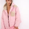 Outlet For Love & Lemons Puffer Jacket With Ruffle Trim & Heart Embossing Pink
