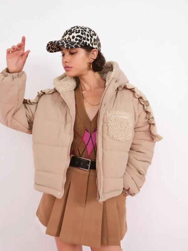 Shop For Love & Lemons Puffer Jacket With Ruffle Trim Neutral