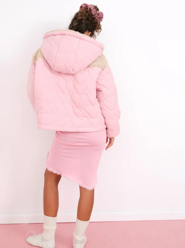 Outlet For Love & Lemons Puffer Jacket With Ruffle Trim & Heart Embossing Pink