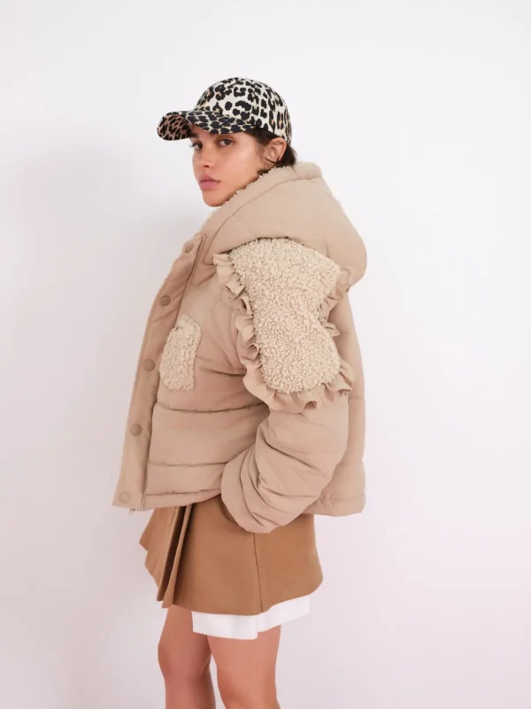 Shop For Love & Lemons Puffer Jacket With Ruffle Trim Neutral